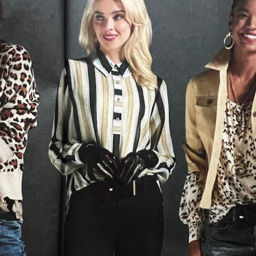 CAbi Striped Blouse - Black, White, Gold